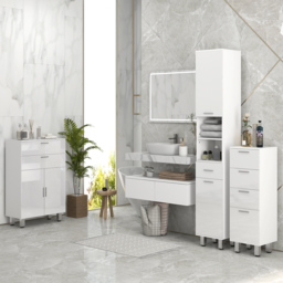 "kleankin 71"" Tall Slim Bathroom Storage Cabinet, Tall Narrow Cupboard with Drawer, Open Shelves, 2 Doors Cabinets and Adjustable Shelves for Kitchen, Hallway, Living Room, High Gloss White" - thumbnail 8