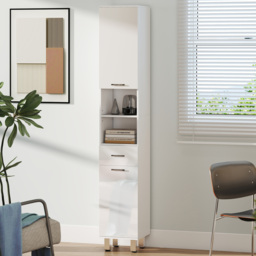 "kleankin 71"" Tall Slim Bathroom Storage Cabinet, Tall Narrow Cupboard with Drawer, Open Shelves, 2 Doors Cabinets and Adjustable Shelves for Kitchen, Hallway, Living Room, High Gloss White" - thumbnail 7