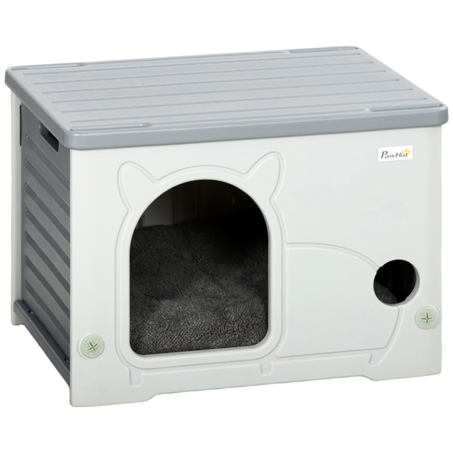 PawHut Cat House Stackable Pet Shelter with Removable Cushion for Indoor Outdoor Use Grey - image 1