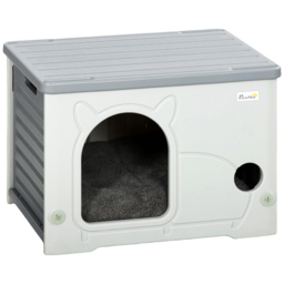 PawHut Cat House Stackable Pet Shelter with Removable Cushion for Indoor Outdoor Use Grey - thumbnail 1