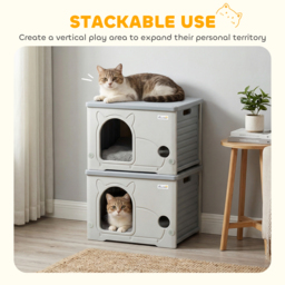 PawHut Cat House Stackable Pet Shelter with Removable Cushion for Indoor Outdoor Use Grey - thumbnail 6