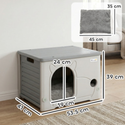 PawHut Cat House Stackable Pet Shelter with Removable Cushion for Indoor Outdoor Use Grey - thumbnail 3