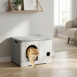 PawHut Cat House Stackable Pet Shelter with Removable Cushion for Indoor Outdoor Use Grey - thumbnail 2