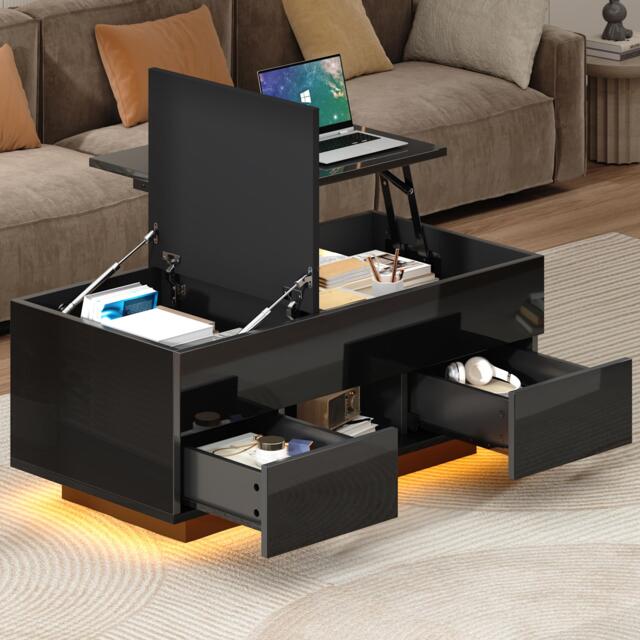 Lift-Top Coffee Table with App-Controlled RGB LED Lights, High-Gloss Center Table with Hidden Compartment, 100L x 45W x 43H cm, Black - Aosom UK - image 1