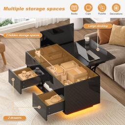 Lift-Top Coffee Table with App-Controlled RGB LED Lights, High-Gloss Center Table with Hidden Compartment, 100L x 45W x 43H cm, Black - Aosom UK - thumbnail 7