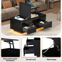 Lift-Top Coffee Table with App-Controlled RGB LED Lights, High-Gloss Center Table with Hidden Compartment, 100L x 45W x 43H cm, Black - Aosom UK - thumbnail 9