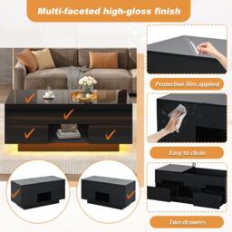 Lift-Top Coffee Table with App-Controlled RGB LED Lights, High-Gloss Center Table with Hidden Compartment, 100L x 45W x 43H cm, Black - Aosom UK - thumbnail 8