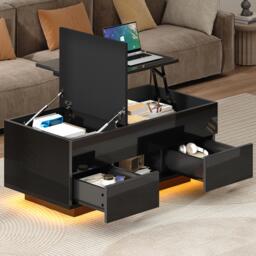 Lift-Top Coffee Table with App-Controlled RGB LED Lights, High-Gloss Center Table with Hidden Compartment, 100L x 45W x 43H cm, Black - Aosom UK - thumbnail 1