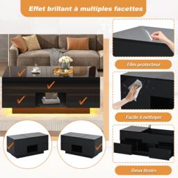Lift-Top Coffee Table with App-Controlled RGB LED Lights, High-Gloss Center Table with Hidden Compartment, 100L x 45W x 43H cm, Black - Aosom UK - thumbnail 6