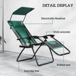 Outsunny Zero Gravity Lounger Chair, Folding Reclining Patio Chair with Shade Cover, Cup Holder, Headrest for Poolside, Camping, Green - thumbnail 5