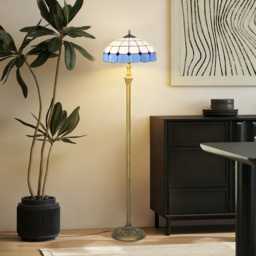 HOMCOM Tiffany-Style Floor Lamp with Handcrafted Stained Glass Shade, 152cm Tall Vintage Standing Lamp with Foot Switch and Dual Sockets for Living Room Bedroom, Bronze Tone and Blue - thumbnail 7