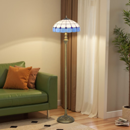 HOMCOM Tiffany-Style Floor Lamp with Handcrafted Stained Glass Shade, 152cm Tall Vintage Standing Lamp with Foot Switch and Dual Sockets for Living Room Bedroom, Bronze Tone and Blue - thumbnail 2