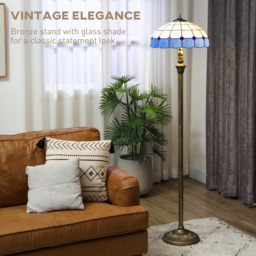 HOMCOM Tiffany-Style Floor Lamp with Handcrafted Stained Glass Shade, 152cm Tall Vintage Standing Lamp with Foot Switch and Dual Sockets for Living Room Bedroom, Bronze Tone and Blue - thumbnail 4