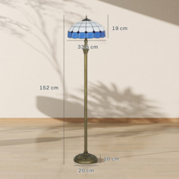 HOMCOM Tiffany-Style Floor Lamp with Handcrafted Stained Glass Shade, 152cm Tall Vintage Standing Lamp with Foot Switch and Dual Sockets for Living Room Bedroom, Bronze Tone and Blue - thumbnail 3