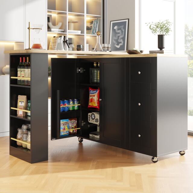 Kitchen Island with Snack Rack & Three Drawers, 360° Swivel Dining Table with Castors, 209L x 39W x 104H cm, Black - Aosom UK - image 1