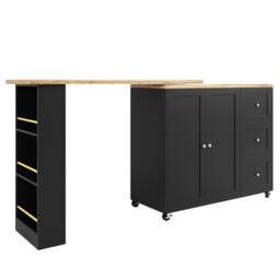 Kitchen Island with Snack Rack & Three Drawers, 360° Swivel Dining Table with Castors, 209L x 39W x 104H cm, Black - Aosom UK - thumbnail 2