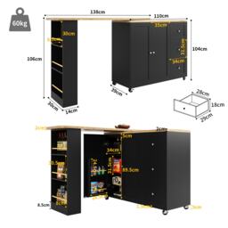 Kitchen Island with Snack Rack & Three Drawers, 360° Swivel Dining Table with Castors, 209L x 39W x 104H cm, Black - Aosom UK - thumbnail 3
