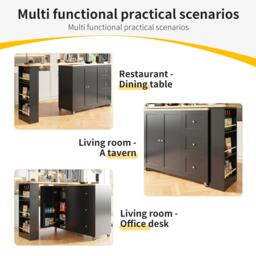 Kitchen Island with Snack Rack & Three Drawers, 360° Swivel Dining Table with Castors, 209L x 39W x 104H cm, Black - Aosom UK - thumbnail 5