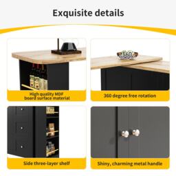 Kitchen Island with Snack Rack & Three Drawers, 360° Swivel Dining Table with Castors, 209L x 39W x 104H cm, Black - Aosom UK - thumbnail 6