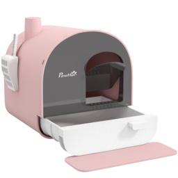 PawHut Hooded Cat Litter Box, Kitten Litter Tray, with Lid, Scoop, Filter, Flap Door, Pink - Aosom UK