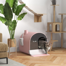 PawHut Hooded Cat Litter Box, Kitten Litter Tray, with Lid, Scoop, Filter, Flap Door, Pink - Aosom UK - thumbnail 2