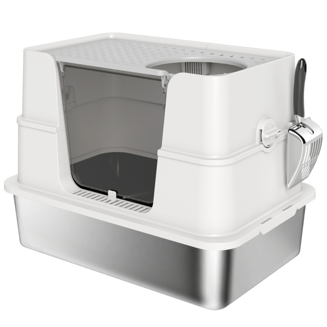 PawHut XL Stainless Steel Litter Box w/ 100° Flip Top, Scoop, Side Top Dual Entry, Odor Free, Easy Cleaning, Anti Leakage - image 1