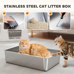 PawHut XL Stainless Steel Litter Box w/ 100° Flip Top, Scoop, Side Top Dual Entry, Odor Free, Easy Cleaning, Anti Leakage - thumbnail 4