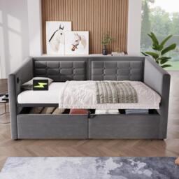 3ft Single Sofa Bed with Hydraulic Under-bed Storage and Side Pockets, Daybed with Type-C Charging Station, 205L x 106W x 75H cm, Grey - Aosom UK - thumbnail 8