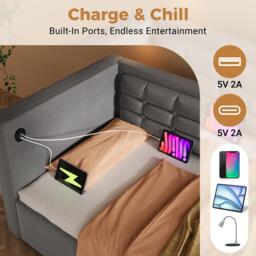 3ft Single Sofa Bed with Hydraulic Under-bed Storage and Side Pockets, Daybed with Type-C Charging Station, 205L x 106W x 75H cm, Grey - Aosom UK - thumbnail 6