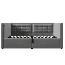 3ft Single Sofa Bed with Hydraulic Under-bed Storage and Side Pockets, Daybed with Type-C Charging Station, 205L x 106W x 75H cm, Grey - Aosom UK - thumbnail 2