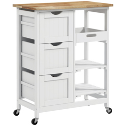 HOMCOM Rolling Kitchen Island Cart, Bar Serving Cart, Compact Trolley on Wheels with Wood Top, Shelves & Drawers for Home Dining, White - Aosom UK