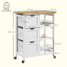 HOMCOM Rolling Kitchen Island Cart, Bar Serving Cart, Compact Trolley on Wheels with Wood Top, Shelves & Drawers for Home Dining, White - Aosom UK - thumbnail 3