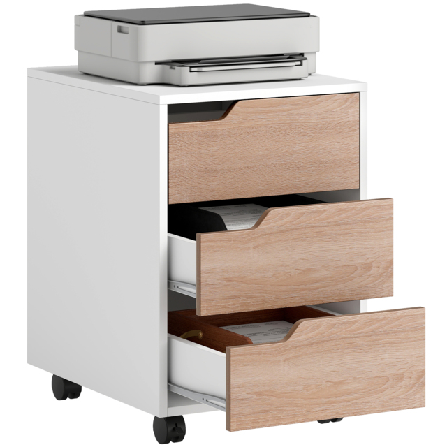 HOMCOM Mobile File Cabinet, Small Filing Cabinet with 3 Drawers, Lockable Casters for Office, Oak & White - Aosom UK - image 1