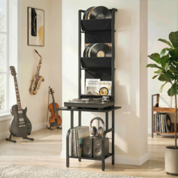HOMCOM Vinyl Record Player Stand Record Storage with Player Stand Oxford Fabric Pockets Bottom Shelf, Black - thumbnail 2