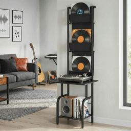 HOMCOM Vinyl Record Player Stand Record Storage with Player Stand Oxford Fabric Pockets Bottom Shelf, Black - thumbnail 8