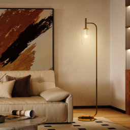 HOMCOM LED Floor Lamp for Living Room with Glass Lampshade, Modern Standing Lamp with Foot Switch, Adjustable Brightness, 2700K for Bedroom, Gold Tone - thumbnail 2