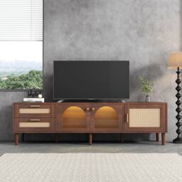 Wooden TV Stand for 80-Inch TV with Curved Rattan Drawers, Glass Doors, LED Lighting Media Unit for Living Room, 180x40x50 cm, Brown - Aosom.UK