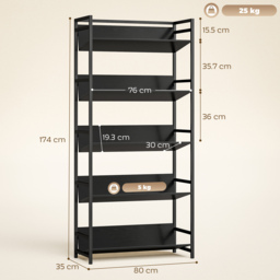 HOMCOM Bookshelf 5-Tier Metal Frame Room Divider Bookcase Storage Shelves for Living Room Black - thumbnail 3
