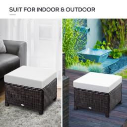 Outsunny Rattan Footstool with Cushion, Wicker Ottoman for Outdoor Patio, Brown, 50x50x35cm - thumbnail 7