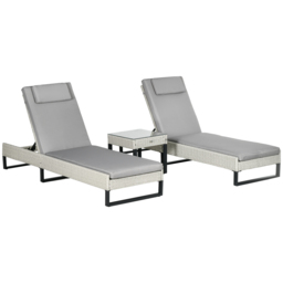 Outsunny 3-piece PE Rattan Sun Lounger Set with Adjustable 5-Position Recliner, Patio Chaise Lounge Chair Set with Cushions, Headrests, Glass Top Square Coffee Table, Light Grey - thumbnail 1