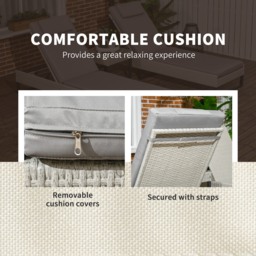 Outsunny 3-piece PE Rattan Sun Lounger Set with Adjustable 5-Position Recliner, Patio Chaise Lounge Chair Set with Cushions, Headrests, Glass Top Square Coffee Table, Light Grey - thumbnail 5