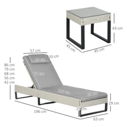 Outsunny 3-piece PE Rattan Sun Lounger Set with Adjustable 5-Position Recliner, Patio Chaise Lounge Chair Set with Cushions, Headrests, Glass Top Square Coffee Table, Light Grey - thumbnail 3