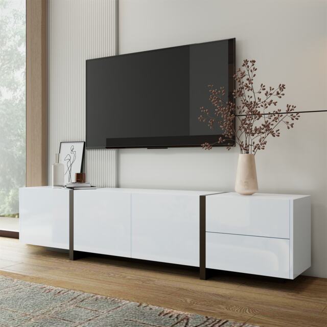 High-Gloss Black and White TV Cabinet with 3 Doors, Ample Storage, Modern TV Stand for Living Room, 170L x 29.5W x 40H cm, Black+White - Aosom UK - image 1