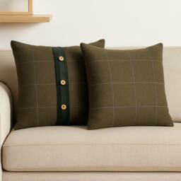 Set of 2 Quinn Cushion with Soft Cotton Blend and Velvet Pile, Handcrafted Pillow Ideal for Sofa and Bed, 45L x 45W x 15H cm, Olive Green - Aosom UK