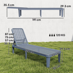 Outsunny Plastic Sun Lounger, 4-Position Adjustable Reclining Garden Lounger Sunbed for Patio, Beach, Terrace, Dark Grey - thumbnail 3