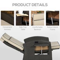 Outsunny Outdoor Recliner Chair with Adjustable Backrest and Footrest, Cushion, Side Tray, Brown - thumbnail 7