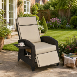 Outsunny Outdoor Recliner Chair with Adjustable Backrest and Footrest, Cushion, Side Tray, Brown - thumbnail 2