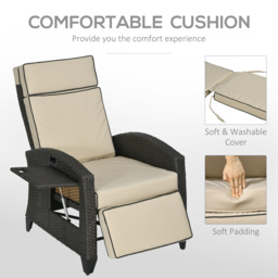 Outsunny Outdoor Recliner Chair with Adjustable Backrest and Footrest, Cushion, Side Tray, Brown - thumbnail 8