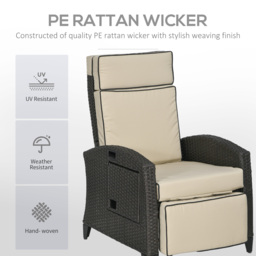 Outsunny Outdoor Recliner Chair with Adjustable Backrest and Footrest, Cushion, Side Tray, Brown - thumbnail 5