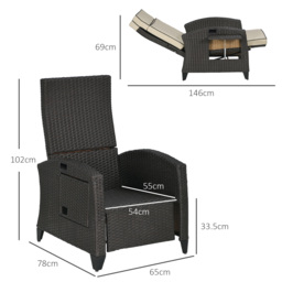Outsunny Outdoor Recliner Chair with Adjustable Backrest and Footrest, Cushion, Side Tray, Brown - thumbnail 3